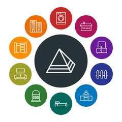 buildings, furniture, housekeeping Infographic Colorful outline Icons Set. Contains such Icons as  housework,  protection,  fire, hydrant, building,  bathroom and more. Fully Editable. Pixel Perfect