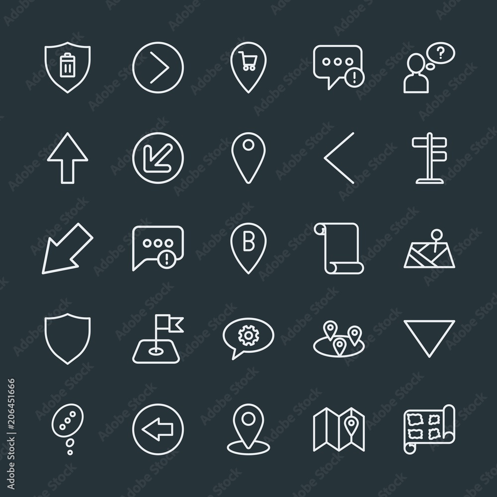 Poster modern simple set of location, arrows, chat and messenger, security vector outline icons. contains s