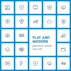 Modern Simple Set of cloud and networking, security, video, photos Vector outline Icons. Contains such Icons as  social,  forward,  file, hdr and more on dark background. Fully Editable. Pixel Perfect