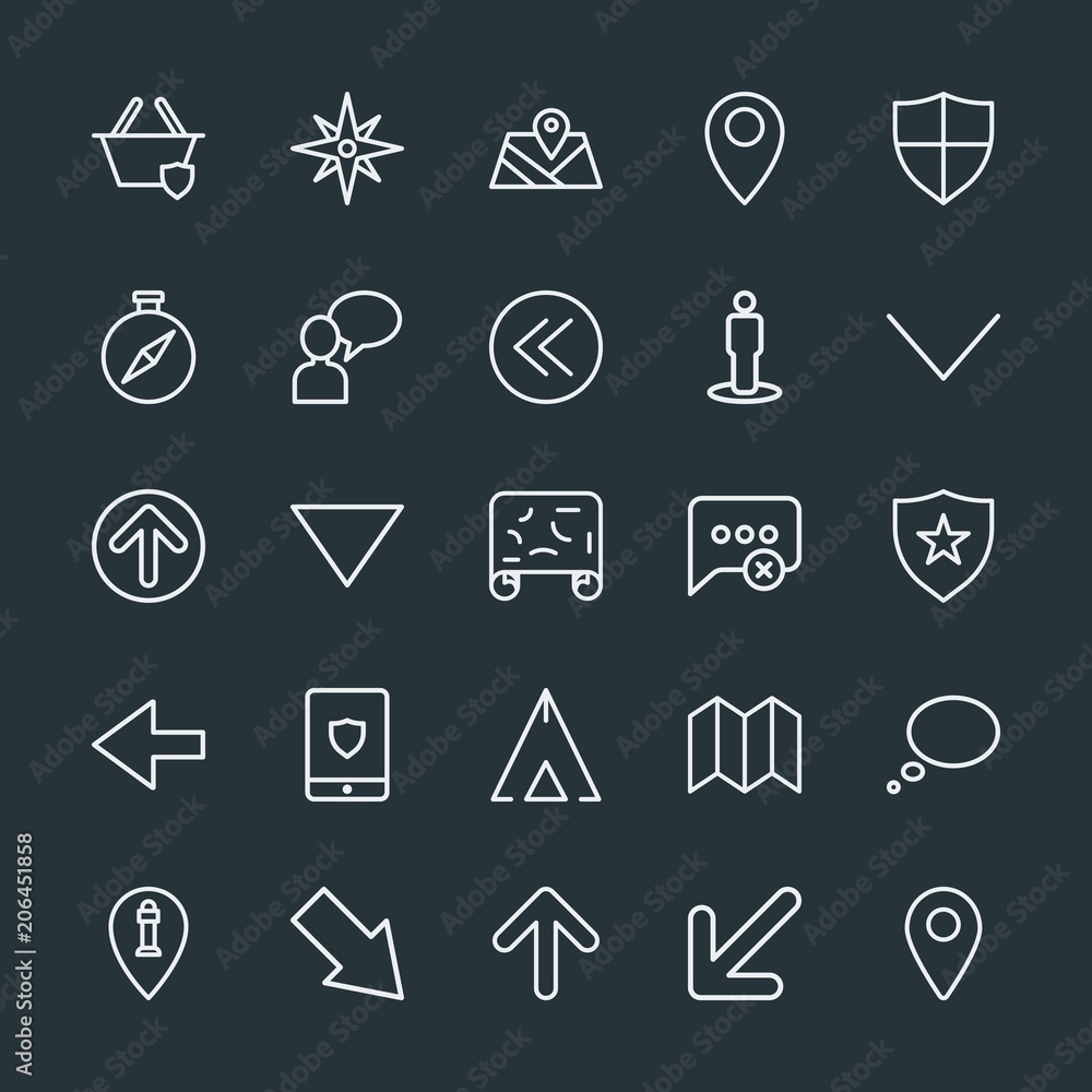 Poster modern simple set of location, arrows, chat and messenger, security vector outline icons. contains s