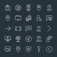 Modern Simple Set of location, arrows, chat and messenger, security Vector outline Icons. Contains such Icons as  phone,  smartphone,  next and more on dark background. Fully Editable. Pixel Perfect.