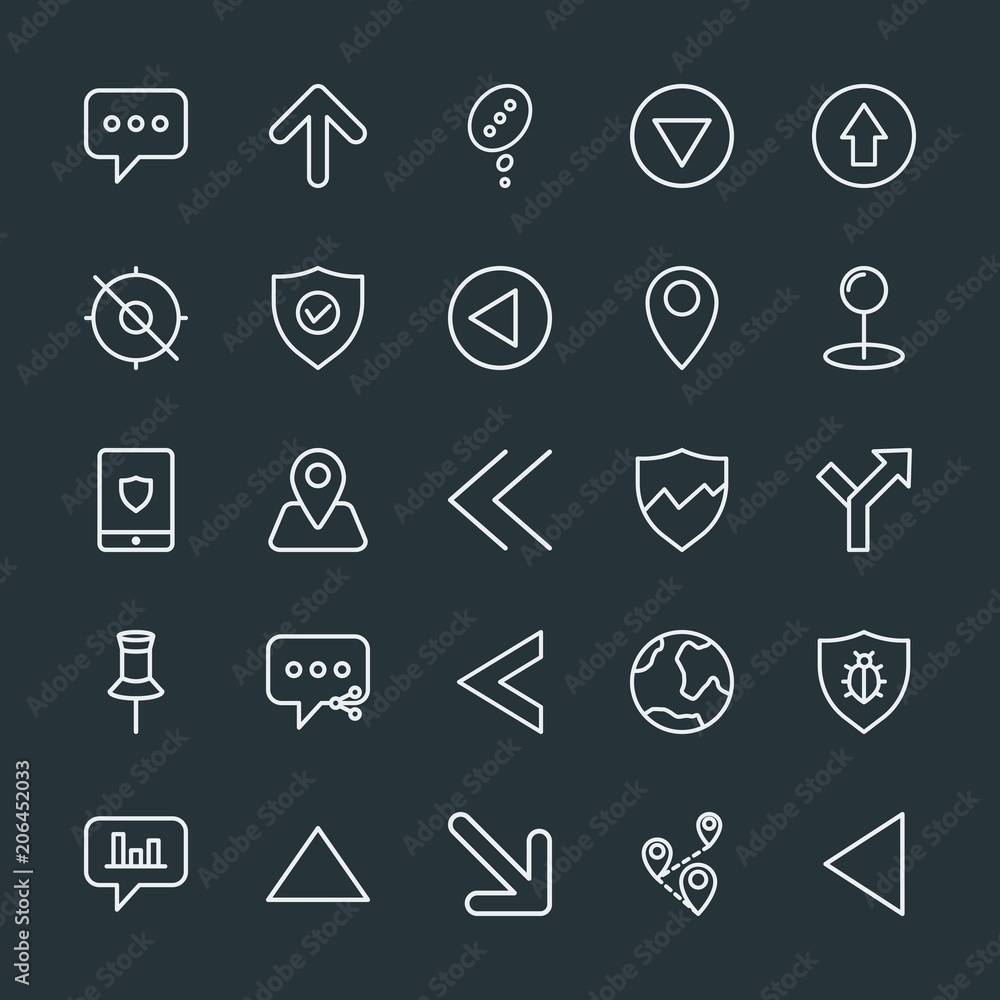 Poster modern simple set of location, arrows, chat and messenger, security vector outline icons. contains s