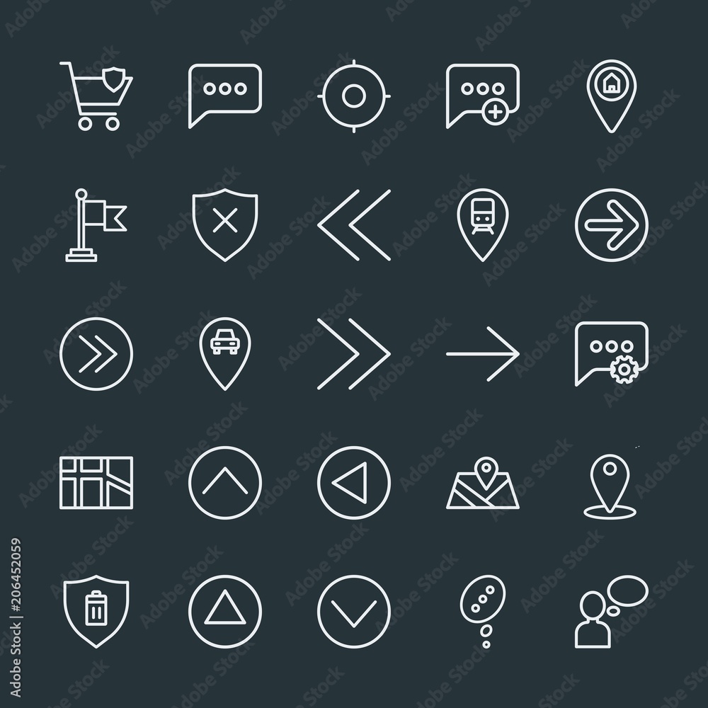 Poster modern simple set of location, arrows, chat and messenger, security vector outline icons. contains s
