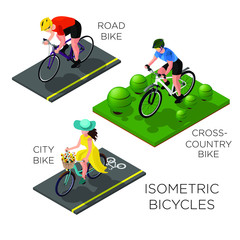 a set of cyclists of different directions: cross-country, city, road. isometric 3d