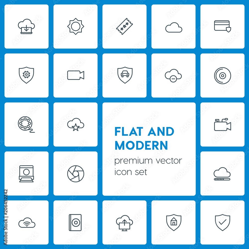 Poster modern simple set of cloud and networking, security, video, photos vector outline icons. contains su