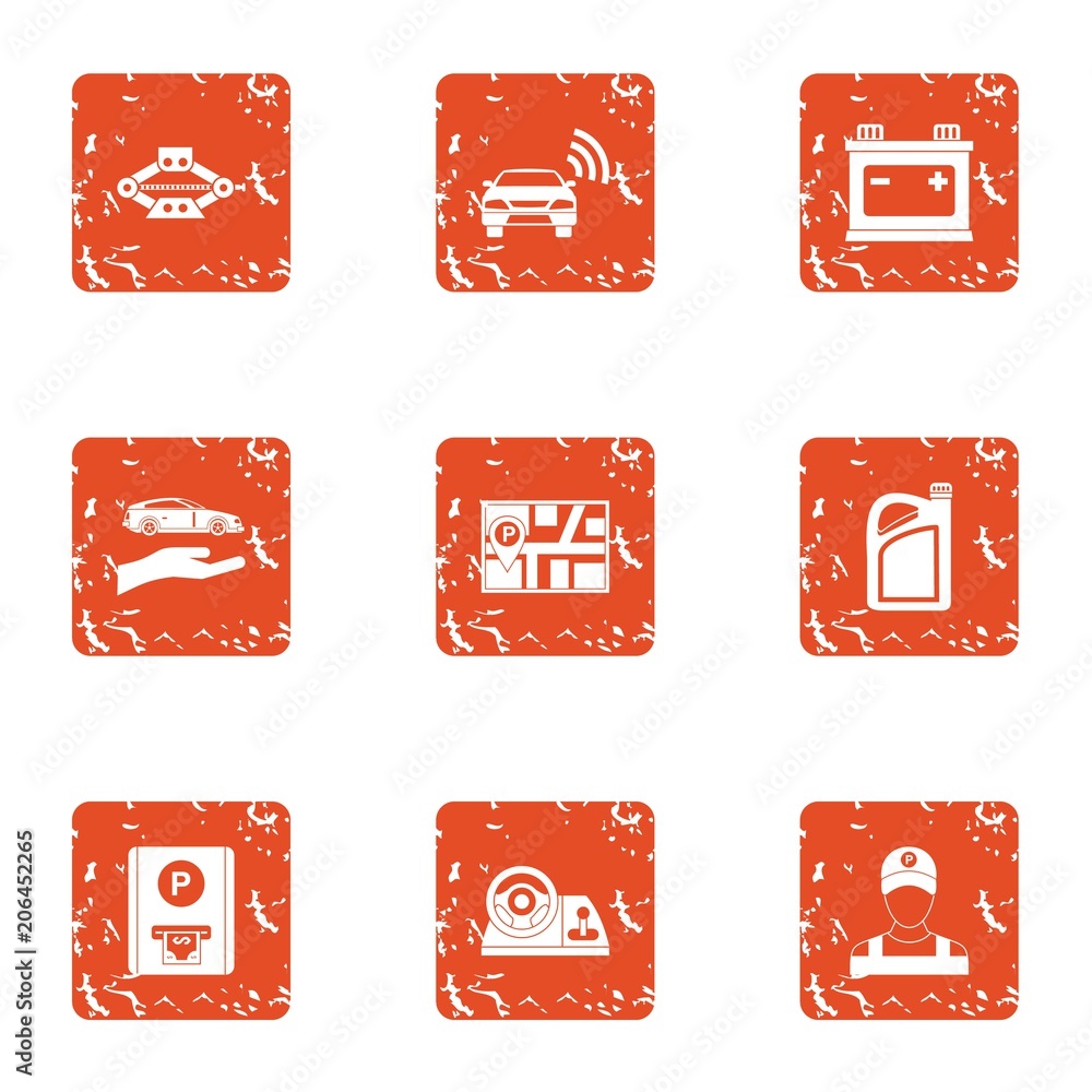 Poster parking territory icons set. grunge set of 9 parking territory vector icons for web isolated on whit