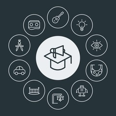 education, kids and toys Infographic Circle outline Icons Set. Contains such Icons as solution,  idea, announcement, toy,  virtual,  student,  education,  cute and more. Fully Editable. Pixel Perfect