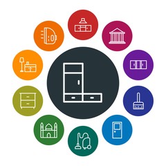 buildings, furniture, housekeeping Infographic Colorful outline Icons Set. Contains such Icons as  storage, kitchen,  interior,  clothes,  muslim,  glass,  home and more. Fully Editable. Pixel Perfect
