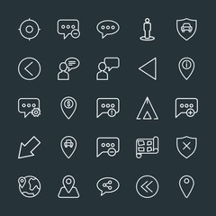 Modern Simple Set of location, arrows, chat and messenger, security Vector outline Icons. Contains such Icons as  direction, car, location and more on dark background. Fully Editable. Pixel Perfect.