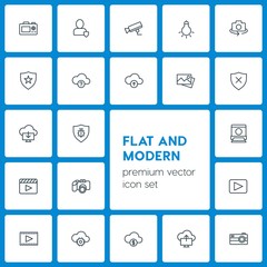 Modern Simple Set of cloud and networking, security, video, photos Vector outline Icons. Contains such Icons as  cinema, movie,  investment and more on dark background. Fully Editable. Pixel Perfect