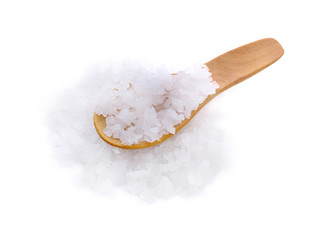 salt in wood spoon isolated on white background