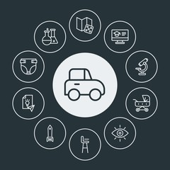 education, kids and toys Infographic Circle outline Icons Set. Contains such Icons as science, child,  sharing,  education,  strategy,  spaceship, distant, dice and more. Fully Editable. Pixel Perfect