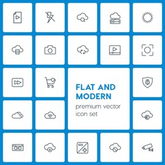 Modern Simple Set of cloud and networking, security, video, photos Vector outline Icons. Contains such Icons as  currency,  data,  document and more on dark background. Fully Editable. Pixel Perfect