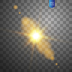 Lens flare effect isolated on transparent background. Golden glow flashlight illustration. Vector lights
