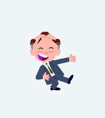 Old businessman laughing while teaching something to his left. 