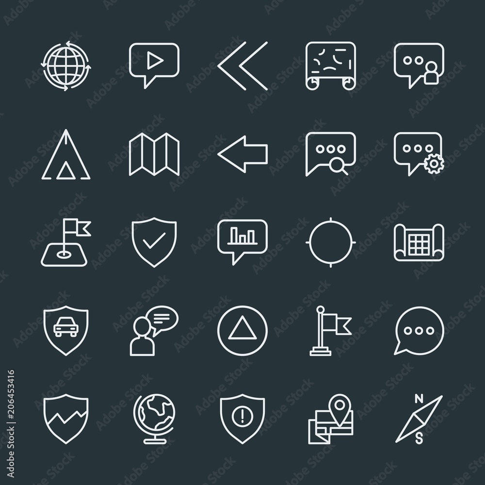 Poster modern simple set of location, arrows, chat and messenger, security vector outline icons. contains s