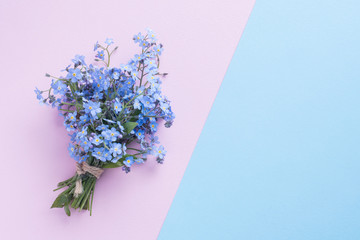 Forget me not flowers bouquet on blue and pink pastel background