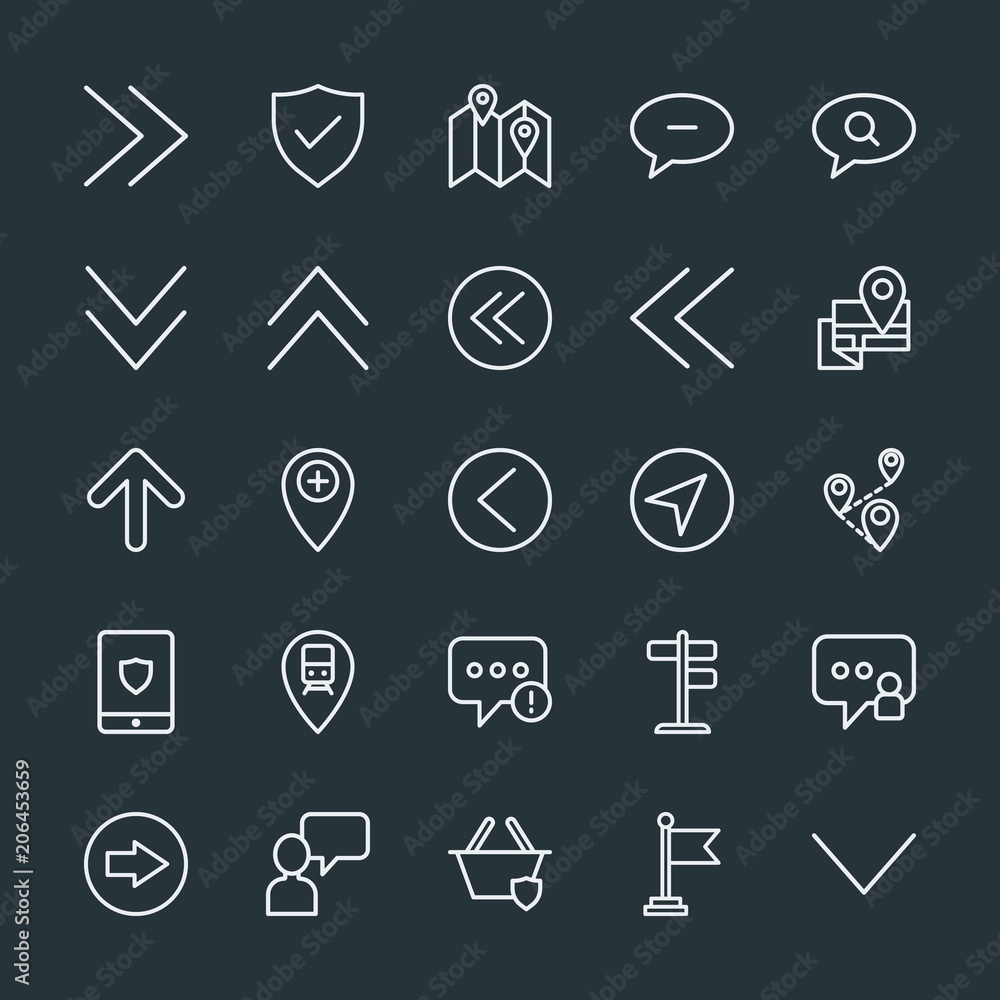 Poster modern simple set of location, arrows, chat and messenger, security vector outline icons. contains s