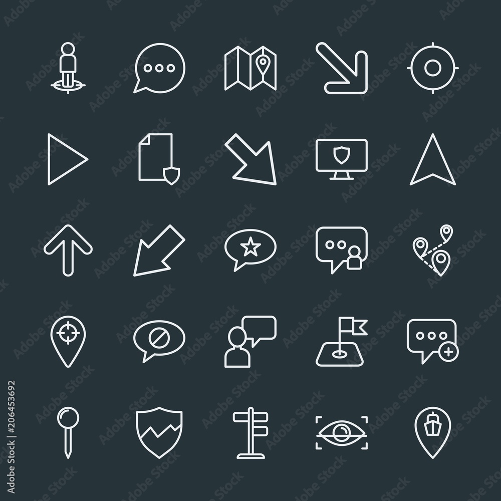 Poster modern simple set of location, arrows, chat and messenger, security vector outline icons. contains s