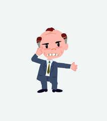 Old businessman, is angry and points his head with his index finger.