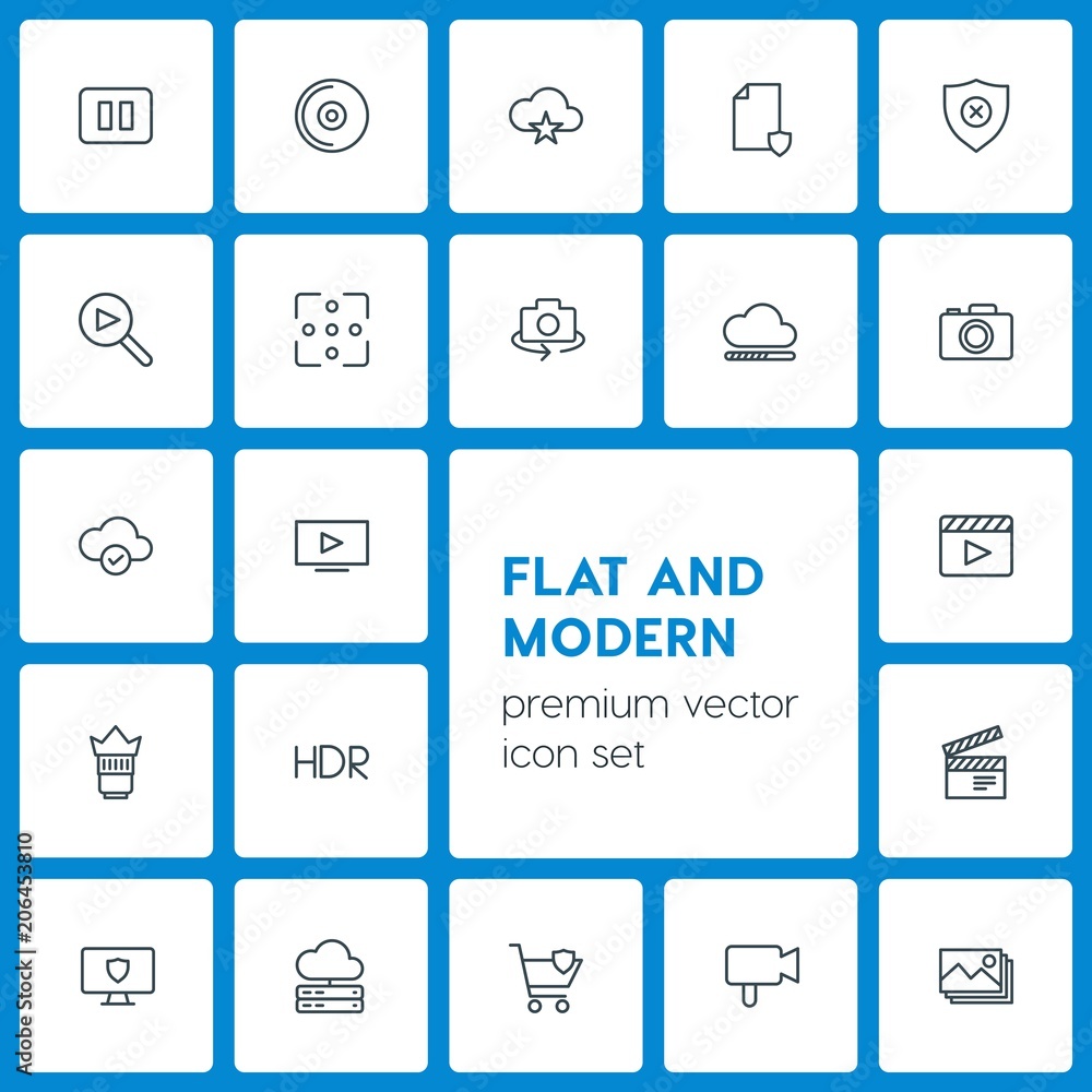 Poster modern simple set of cloud and networking, security, video, photos vector outline icons. contains su