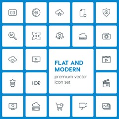 Modern Simple Set of cloud and networking, security, video, photos Vector outline Icons. Contains such Icons as  architecture,  online, file and more on dark background. Fully Editable. Pixel Perfect