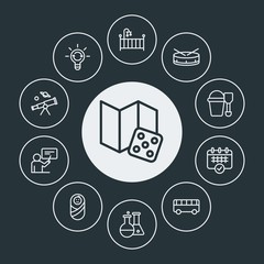 education, kids and toys Infographic Circle outline Icons Set. Contains such Icons as  science, dice,  space,  toy,  business,  car,  musical,  instrument,  sky and more. Fully Editable. Pixel Perfect