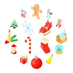 Christmas icons set in isometric 3d style. Holiday elements set collection vector illustration