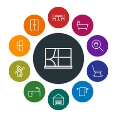 buildings, furniture, housekeeping Infographic Colorful outline Icons Set. Contains such Icons as  soft,  cloth,  house,  decor, interior,  clothes, bathtub and more. Fully Editable. Pixel Perfect