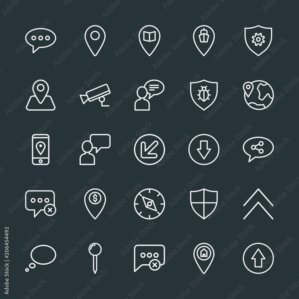 Poster modern simple set of location, arrows, chat and messenger, security vector outline icons. contains s
