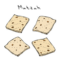 Matzah or Matzo, Unleavened bread for Pesach, Jewish holiday of Passover, isolated on white background, design element. Realistic Hand Drawn Illustration. Savoyar Doodle Style.
