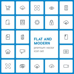Modern Simple Set of cloud and networking, security, video, photos Vector outline Icons. Contains such Icons as  safety,  photo, cloud,  dslr and more on dark background. Fully Editable. Pixel Perfect