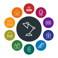 buildings, furniture, housekeeping Infographic Colorful outline Icons Set. Contains such Icons as  domestic,  site, chair, lamp,  safety,  mirror,  object, lock and more. Fully Editable. Pixel Perfect