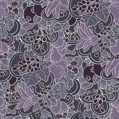 Seamless pattern with abstract curls, fruits and berries in purple and magents colors.