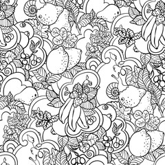 Seamless pattern with fruit ornament in coloring page book style with  abstract curls