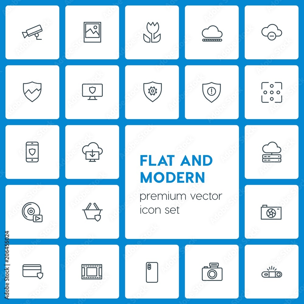 Poster modern simple set of cloud and networking, security, video, photos vector outline icons. contains su