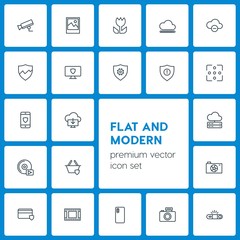 Modern Simple Set of cloud and networking, security, video, photos Vector outline Icons. Contains such Icons as  shot,  computer,  technology and more on dark background. Fully Editable. Pixel Perfect