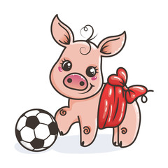 Cute cartoon pig with a soccer ball. Vector illustration.
