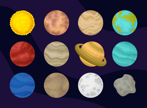 Flat vector set of planets of solar system. Space or astronomy theme. Exploration of universe. Elements for poster or presentation