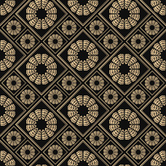 Seamless pattern oriental ornament. Black and golden textile print. Islamic vector design. Floral tiles.