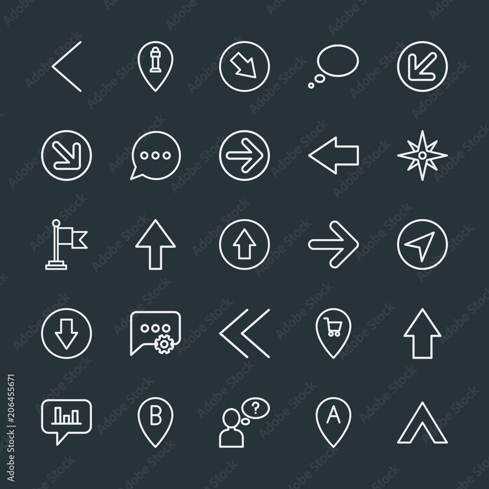 Poster modern simple set of location, arrows, chat and messenger, security vector outline icons. contains s