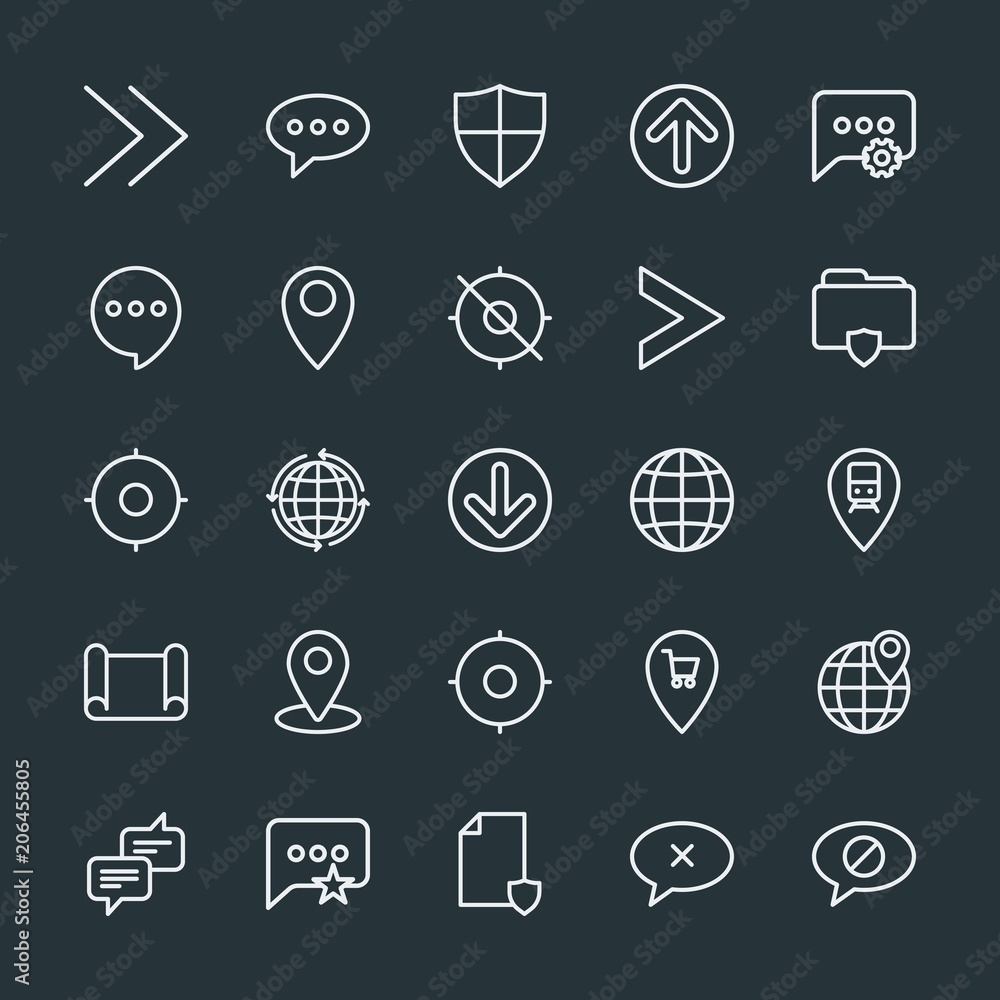 Poster modern simple set of location, arrows, chat and messenger, security vector outline icons. contains s