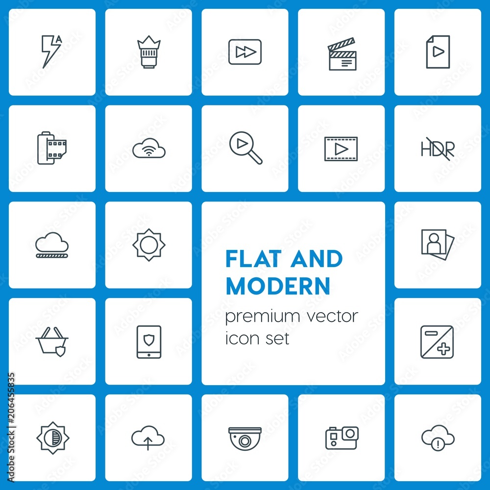 Poster modern simple set of cloud and networking, security, video, photos vector outline icons. contains su