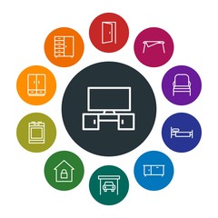 buildings, furniture, housekeeping Infographic Colorful outline Icons Set. Contains such Icons as  white,  car,  clothes,  room, ironing,  wardrobe,  laundry and more. Fully Editable. Pixel Perfect