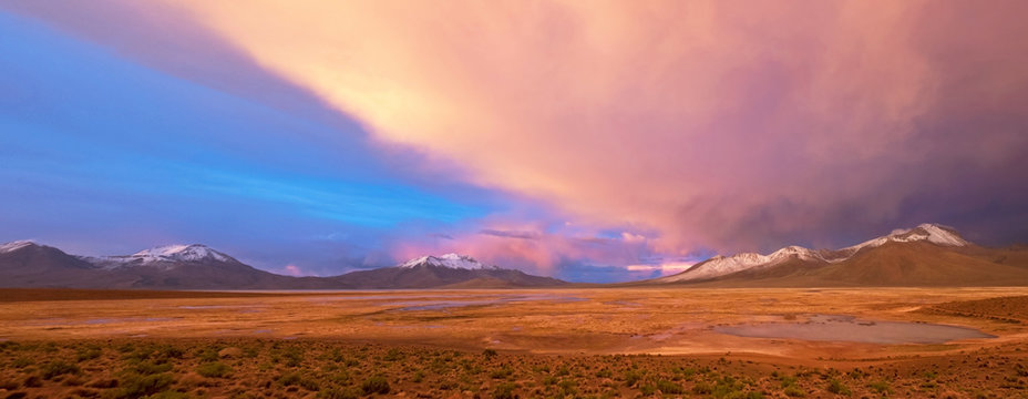 Beautiful landscape of the hot springs Polloquere at dawn, Salar De Surire salt lake, Isluga Volcano National Park, Chile, South America