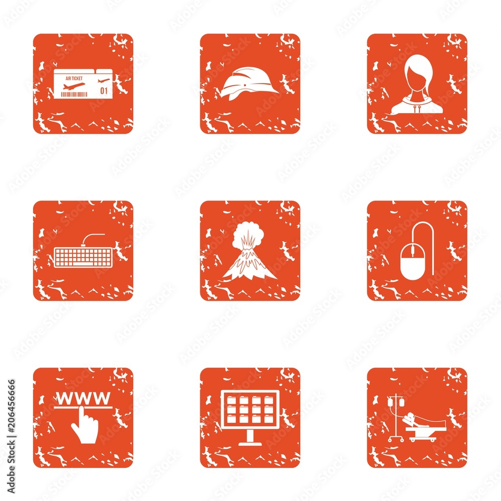 Poster obtain information icons set. grunge set of 9 obtain information vector icons for web isolated on wh
