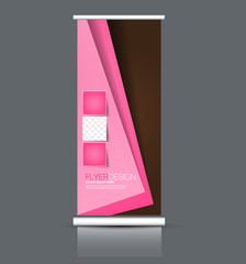 Rollup vertical banner stand template. Abstract background concept for business, education, presentation, advertisement. Editable vector illustration. Pink and brown color.