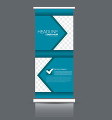 Rollup vertical banner stand template. Abstract background concept for business, education, presentation, advertisement. Editable vector illustration. Blue color.