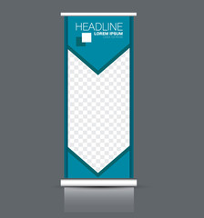 Rollup vertical banner stand template. Abstract background concept for business, education, presentation, advertisement. Editable vector illustration. Blue color.