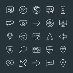 Modern Simple Set of location, arrows, chat and messenger, security Vector outline Icons. Contains such Icons as  network,  down, social and more on dark background. Fully Editable. Pixel Perfect.